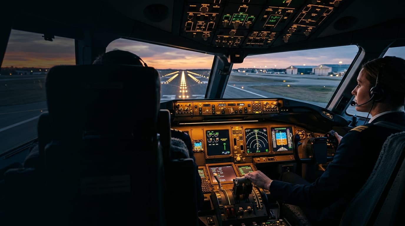 Commercial pilot in cockpit approaching runway during golden hour sunset